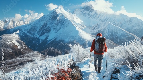 A lone adventurer hikes up a snowy mountain trail