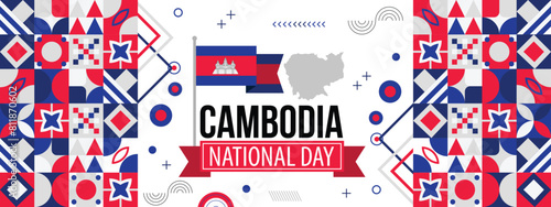 Cambodia independence day, banner design for cambodia national day. banner with cambodian flag colors theme background and geometric abstract