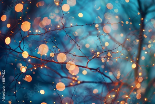 Ethereal blue twilight with sparkling lights on bare branches