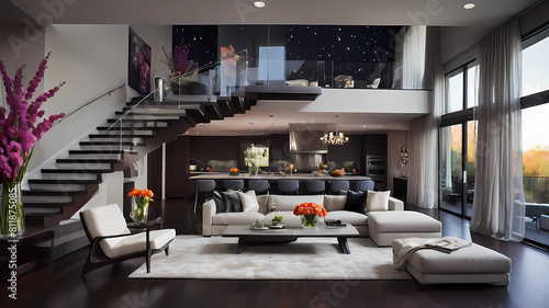 Upscale greatroom. with floor to celing windows with sheer curtains. sleek modern furniture in netural tones and ultra modern kitchen. Floating staircase to second floor. Fesh vibrant flowers in vase