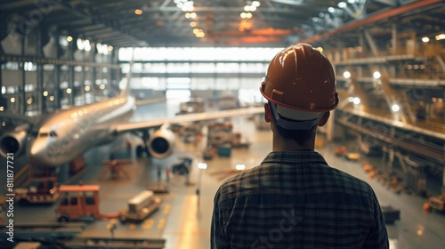 An aircraft mechanic looks at a wide-body airliner in a hangar.