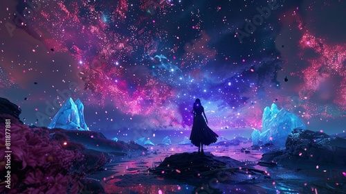 goddess she is black, blue, violet translucent, floating through glaciers, surrounded by pink and red stardust. The night sky is filled with stars