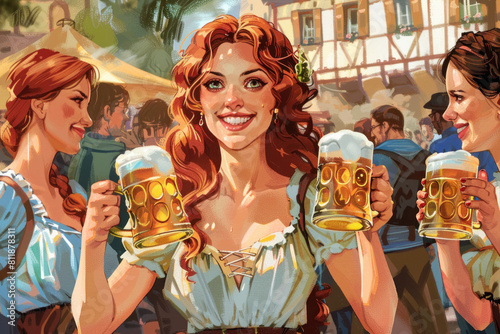 Festive Oktoberfest illustration featuring a cheerful woman in traditional attire holding steins of beer among friends.