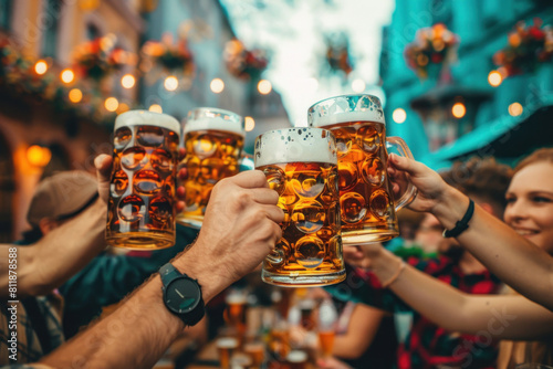  Group of friends toasting with large beer steins at a vibrant outdoor festival, celebrating good times together.