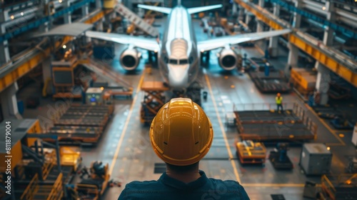 An aircraft maintenance technician wearing a hard hat looks at a wide-body airliner in a hangar.