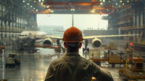 A man in a hard hat looking at an airplane in a hangar