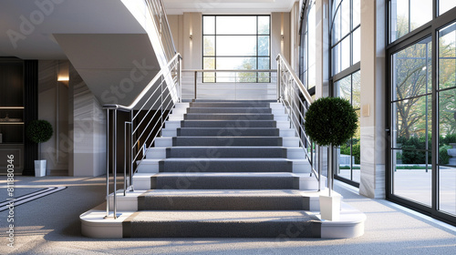 Modern mansion entry with heather grey carpeted stairs highlighted by an art deco railing and a minimalist design Large windows allow natural light to enhance the refined simplicity