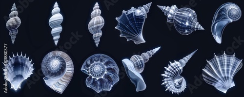 Aesthetic Xray display of various sea shells, focusing on their unique geometrical and internal features