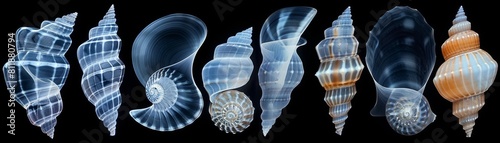 Xray scan capturing a broad array of sea shells, each different in shape and internal complexity