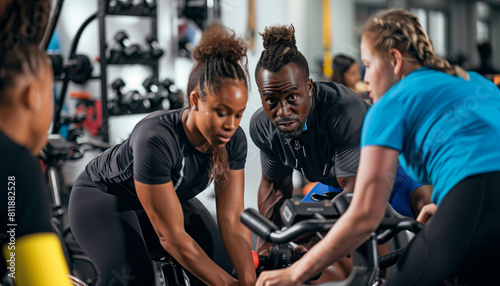 featuring an instructor giving one-on-one guidance to a new cyclist in the gym, focusing on technique and proper form, Gym, Exercising, Cycling, Learning, Group Of People, with cop