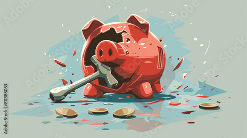 Broken piggy bank coins and hammer on color background
