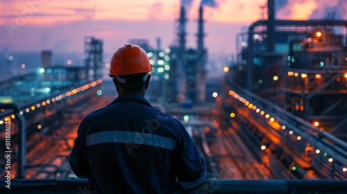 An industrial worker wearing a hard hat looks out over an oil refinery at dusk.