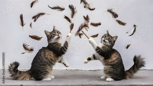 Playful cats batting at feather toys in mid-air