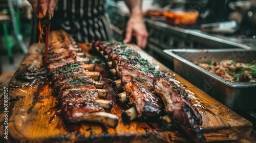 Grilled ribs are laid on a wooden cutting board, and in the backdrop is a blurry high angle shot of an unnamed cook pouring barbecue