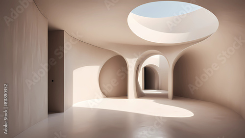 a vertical internal circular cylindre corridor with minimalist space, an ogive circular roof ,white sand --no wall