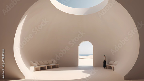 a vertical internal circular cylindre corridor with minimalist space, an ogive circular roof ,white sand --no wall