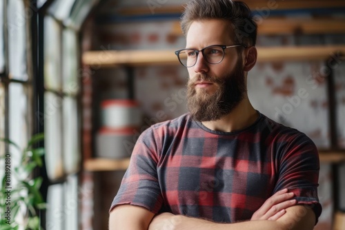 Attractive handsome man Young hipster man standing indoors