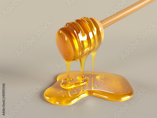  Golden honey drips languidly from a wooden dipper, pooling elegantly on a smooth surface.