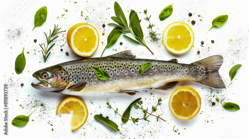 A trout is surrounded by lemons and herbs.