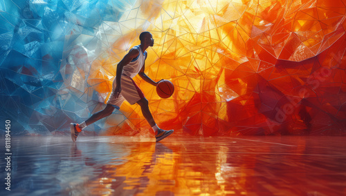 Athletic Jump Shot: Luminous Low-Poly Basketball Illustration