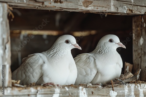 White pegions are adeptly spawning while seated together over the wooden structures dovecote's platforms lovely doves are waiting and space, Generative AI.