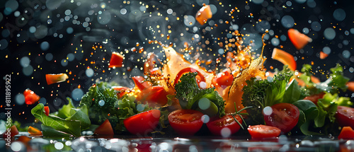 A high-speed capture of precisely cut vegetable pieces levitating, droplets of juice trailing behind in crisp focus. Dramatic lighting accentuates every glistening detail