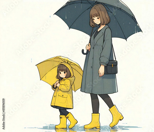 雨傘をさす母と娘