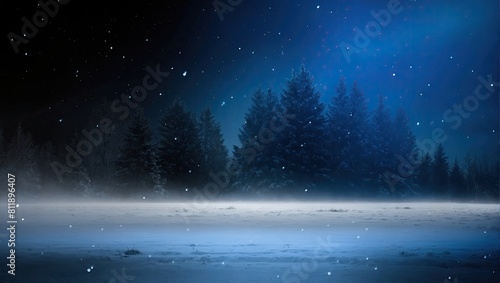 Rain in the city night forest. The night starry sky, the rays of the blue neon spotlight. Snowy winter night background.