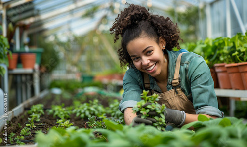 A young woman takes care of the plants in the greenhouse, carefully watering and nurturing each of them. Her commitment to work is visible in every gesture, emphasizing her love and passion for garden