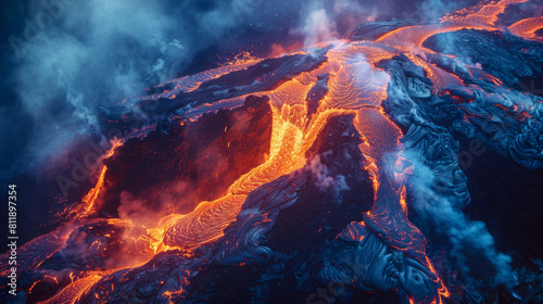 Thermal imaging captures intense lava flow during volcanic eruption.