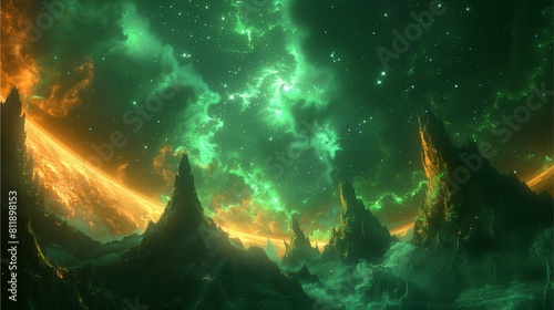 A vibrant cosmos landscape filled with fantastical green and orange. 