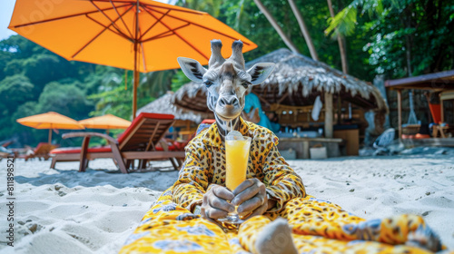 A giraffe in human clothes lies on a sunbathe on the beach, on a sun lounger, under a bright sun umbrella