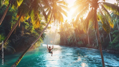 Palm tree jungle in the philippines. concept about wanderlust tropical travels. swinging on the river. People having fun