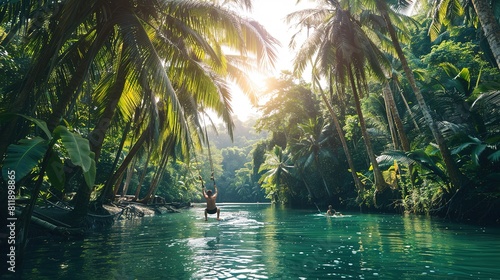 Palm tree jungle in the philippines. concept about wanderlust tropical travels. swinging on the river. People having fun