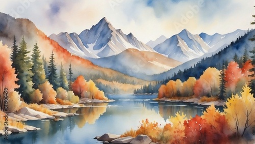 Nature's Palette, Watercolor Landscape of Autumnal Mountains, Forests, and Lake