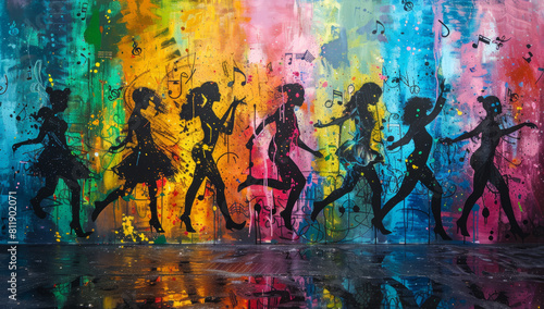 Silhouetted Hip Hop Dancers Against a Vibrant and Colorful Backdrop