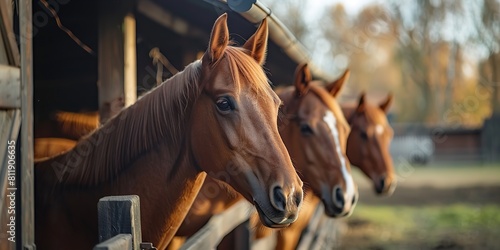 A portrait of happy and healthy horses in modern horse farm with a big space for text or product advertisement background, Generative AI.