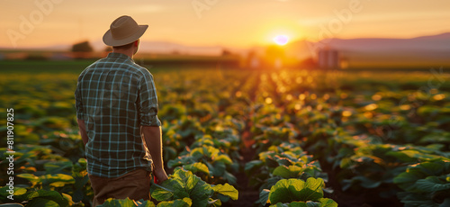 Agronomist inspecting crop rows at sunset, showcasing a picturesque rural landscape with vibrant green plants under a glowing sky.