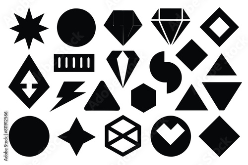 Set of graphic geometric assets with a bitmap elements. Vector modern shapes in Y2k aesthetic. Isolated illustration for stickers, poster, collage, design