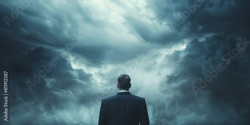A businessman standing alone in a field, looking up at the stormy sky.