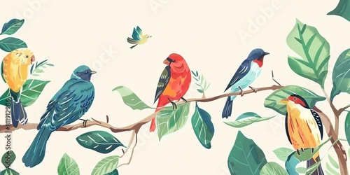 Colorful birds are sitting on a branch with green leaves.
