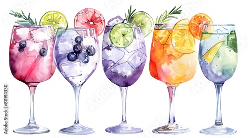 colorful gin tonic cocktails in wine glasses watercolor style on a white background