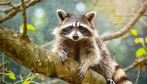 Raccoon perched on a tree branch. 