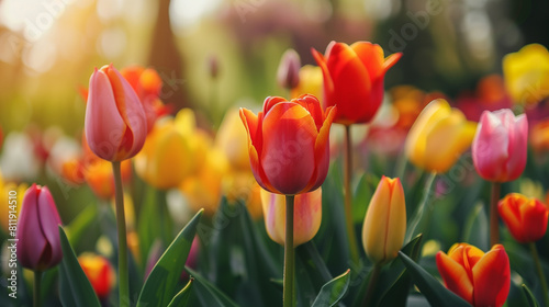 red yellow scarlet tulips at sunset against a forest background