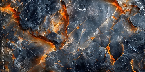 Striking Black Marble Texture with Vibrant Orange Fractal Patterns and Detailed Geological Structure Ideal for Abstract Design and Luxury Backgrounds