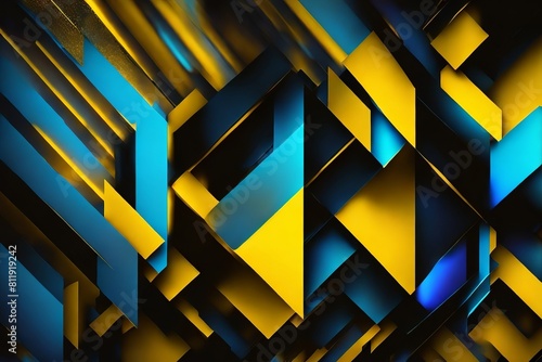 abstract glitchy digital geometric mathematic art , yellow and blue, black background with copy space.