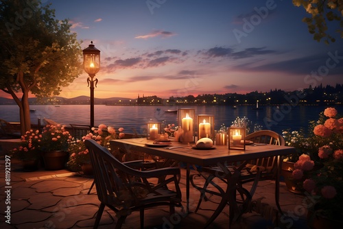 Table set for dinner in a restaurant terrace with sunset evening view