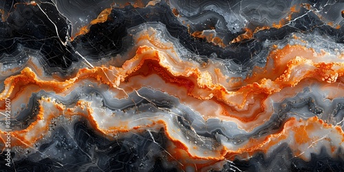 Dramatic Textured Black Marble with Vibrant Orange Geological Formations and Fractures