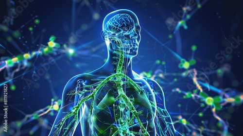 This image shows a clear view of the lymphatic system in the human body, Generated by AI