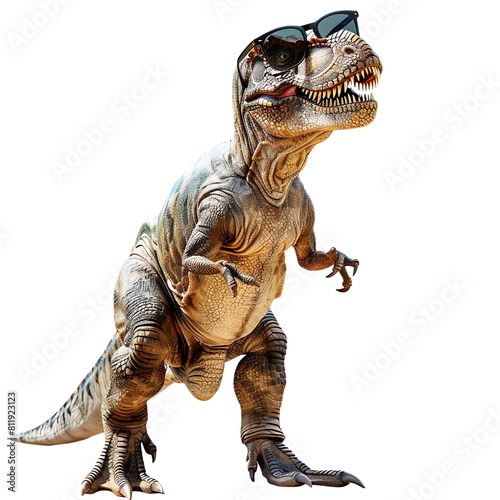 The photo shows a realistic rendering of a Tyrannosaurus Rex wearing sunglasses